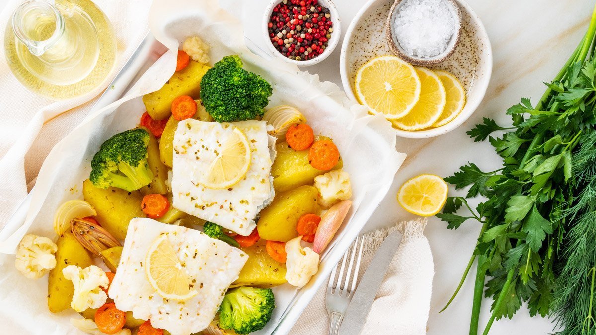 Treska vařená v páře s mrkví a brokolicí vařenými v páře – recept pro mixér Perefectmix Cook